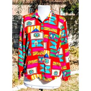 Vintage 1970's Petite Small Breezy Sheer Flag Graphic Button-Down L/S Blouse EUC